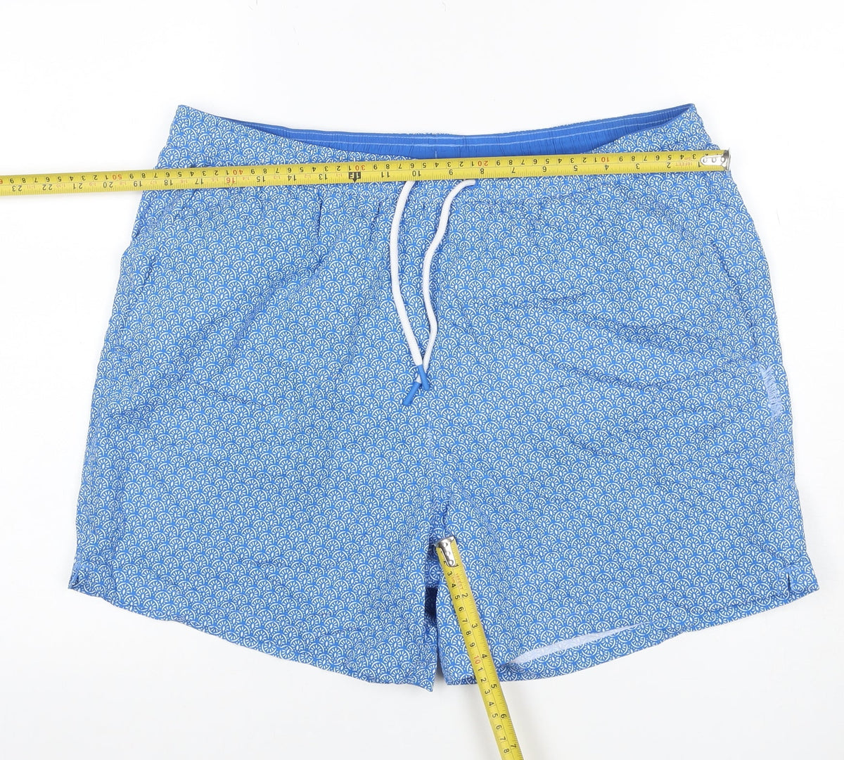 Marks & Spencer Men Blue Geometric Print Swim Shorts Size 38 Lined Drawstring