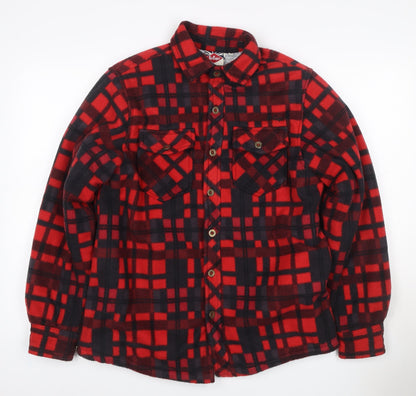 Additional front view of Lee Cooper Men's Red Check Padded Fleece Jacket, size M, Button Front