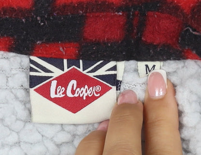 Brand and care label for Lee Cooper Men's Red Check Padded Fleece Jacket, size M, Button Front