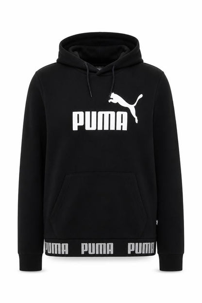 Front view of Puma women’s black m pullover hoodie logo graphic pocket sweatshirt