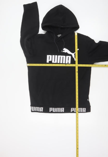 Back view of Puma women’s black m pullover hoodie logo graphic pocket sweatshirt