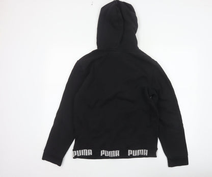 Close-up detail of Puma women’s black m pullover hoodie logo graphic pocket sweatshirt