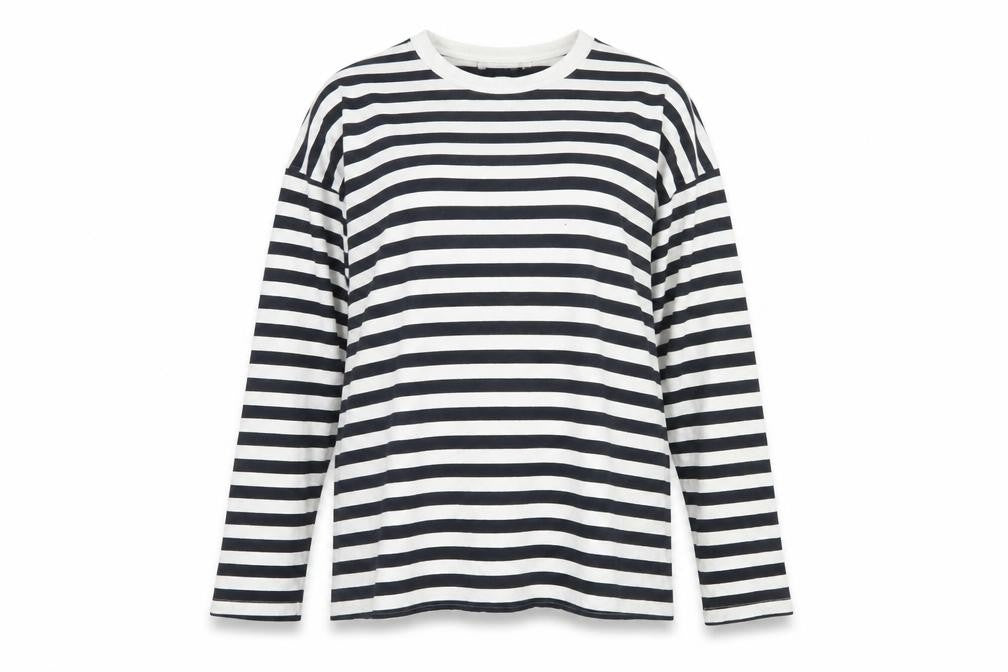 Weekday Women Black White Striped Cotton Long Sleeve Basic T-Shirt M