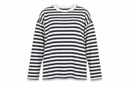 Weekday Women Black White Striped Cotton Long Sleeve Basic T-Shirt M