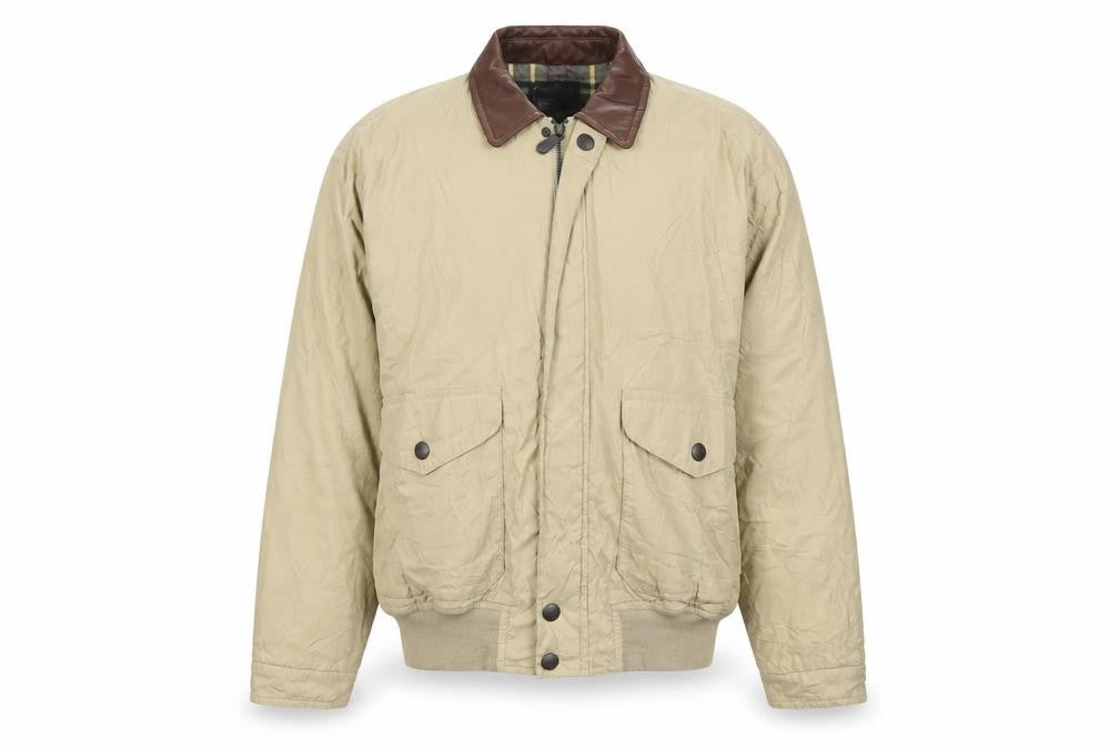 Nautica Men’s Beige XL Bomber Jacket Leather Collar Zip Pockets