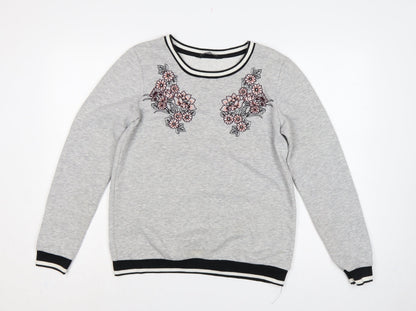 Additional front view of Dorothy Perkins Women Grey Floral Embroidered Pullover Sweatshirt UK 10