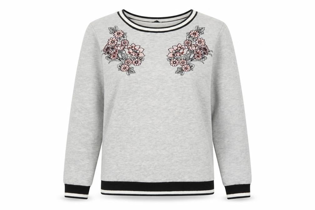 Dorothy Perkins Women Grey Floral Embroidered Pullover Sweatshirt UK 10