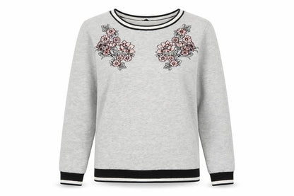 Front view of Dorothy Perkins Women Grey Floral Embroidered Pullover Sweatshirt UK 10