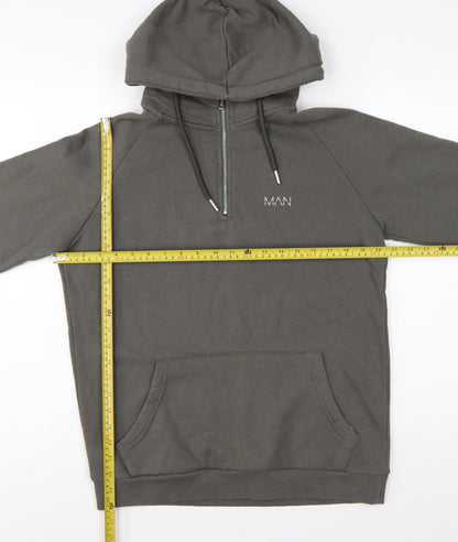 Back view of boohooMAN Men’s Grey S 1/4 Zip Pullover Hoodie Logo Cotton