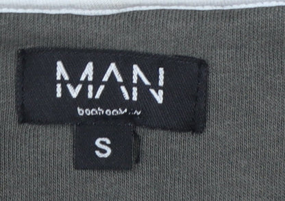 Brand and care label for boohooMAN Men’s Grey S 1/4 Zip Pullover Hoodie Logo Cotton