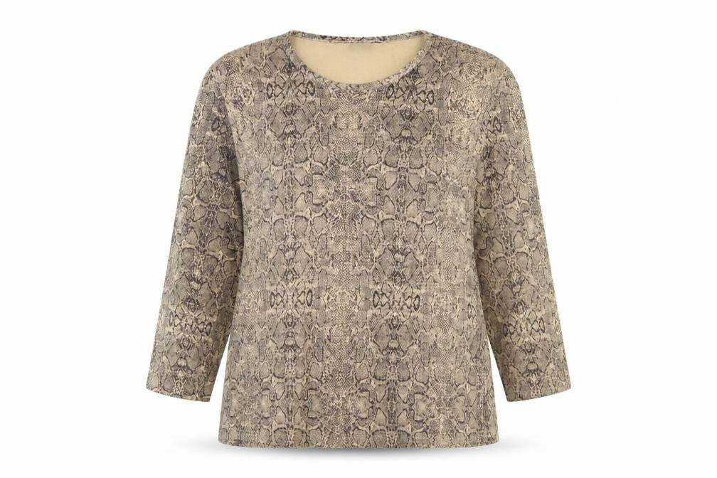 Dash Women’s Beige Snake Print Cotton Long Sleeve Basic Top UK 18