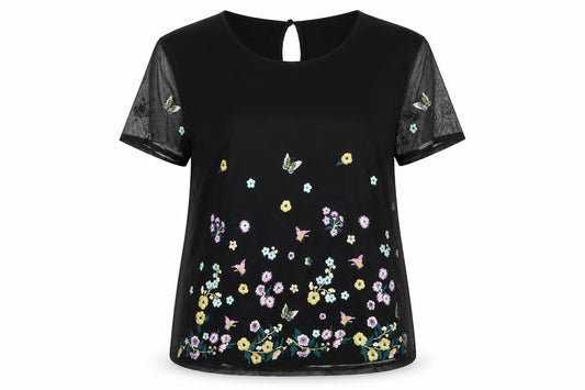 Oasis Women Black UK 14 Embroidered Floral Butterfly Sheer Sleeve Blouse