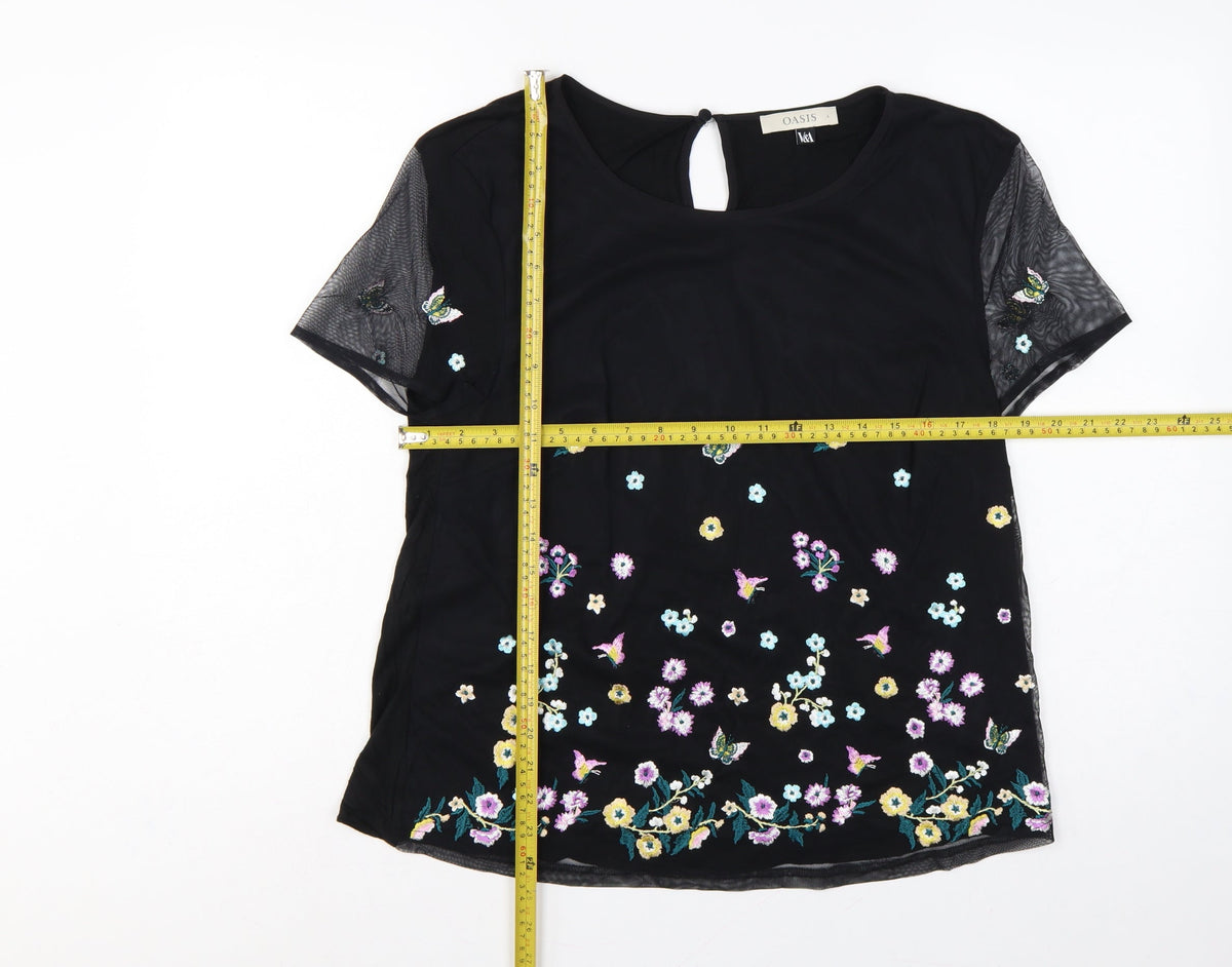 Oasis Women Black UK 14 Embroidered Floral Butterfly Sheer Sleeve Blouse