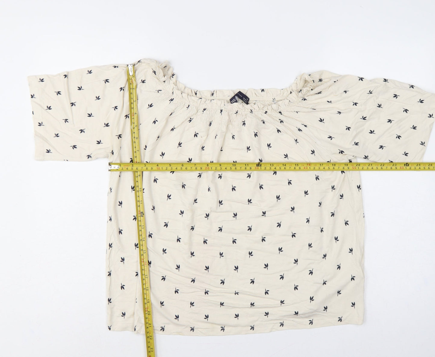 Marks & Spencer Women Ivory Floral Off Shoulder Blouse Size 14 3/4 Bell Sleeve