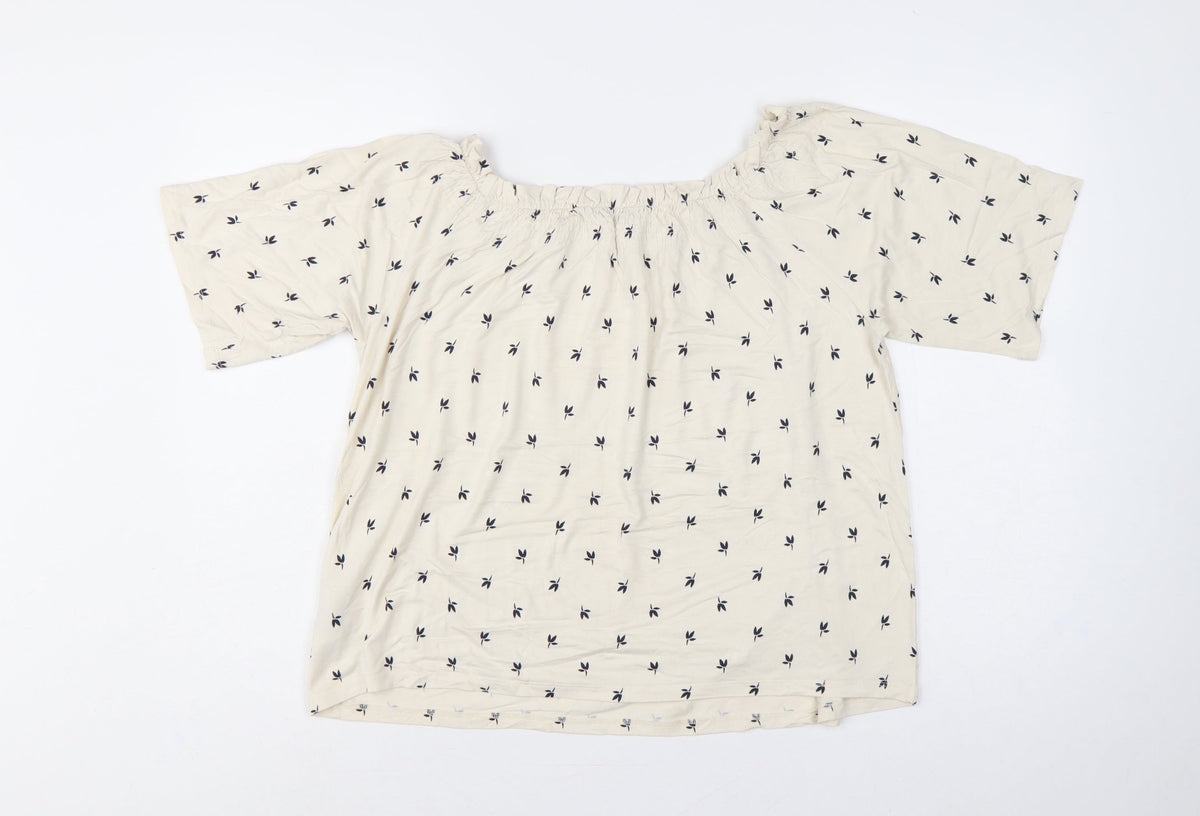 Marks & Spencer Women Ivory Floral Off Shoulder Blouse Size 14 3/4 Bell Sleeve