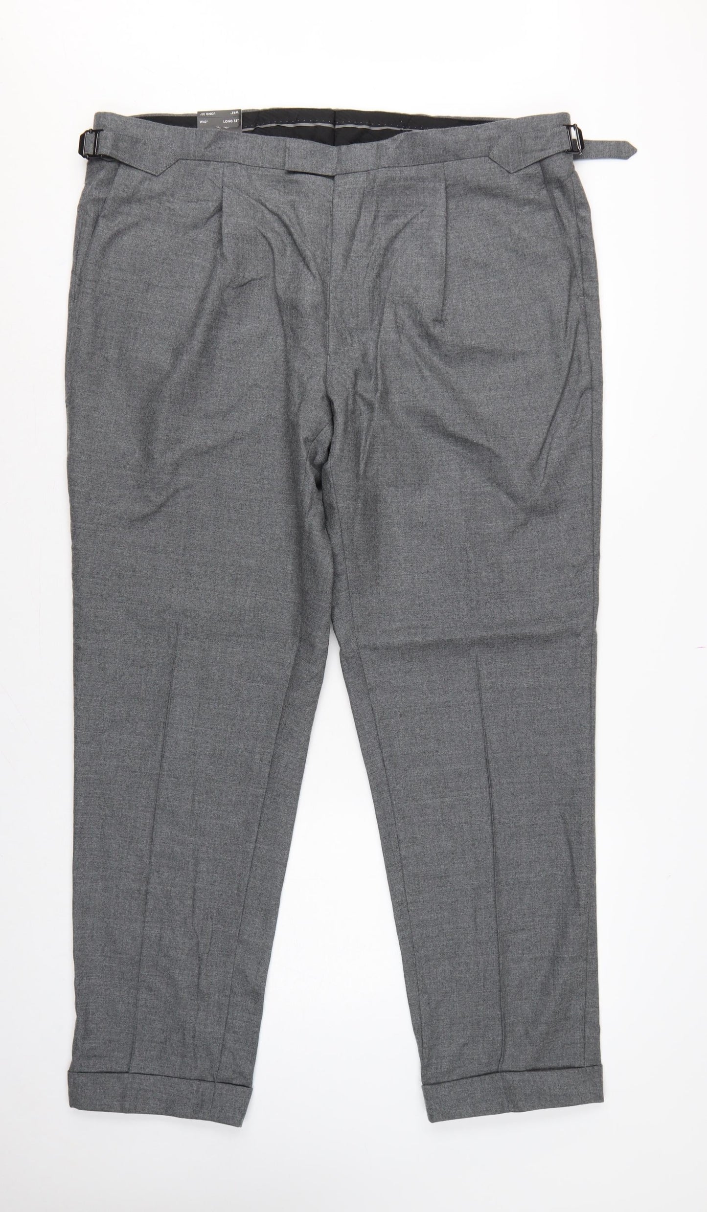 Marks & Spencer Men Grey 42 33L Pure Wool Pleated Dress Trousers