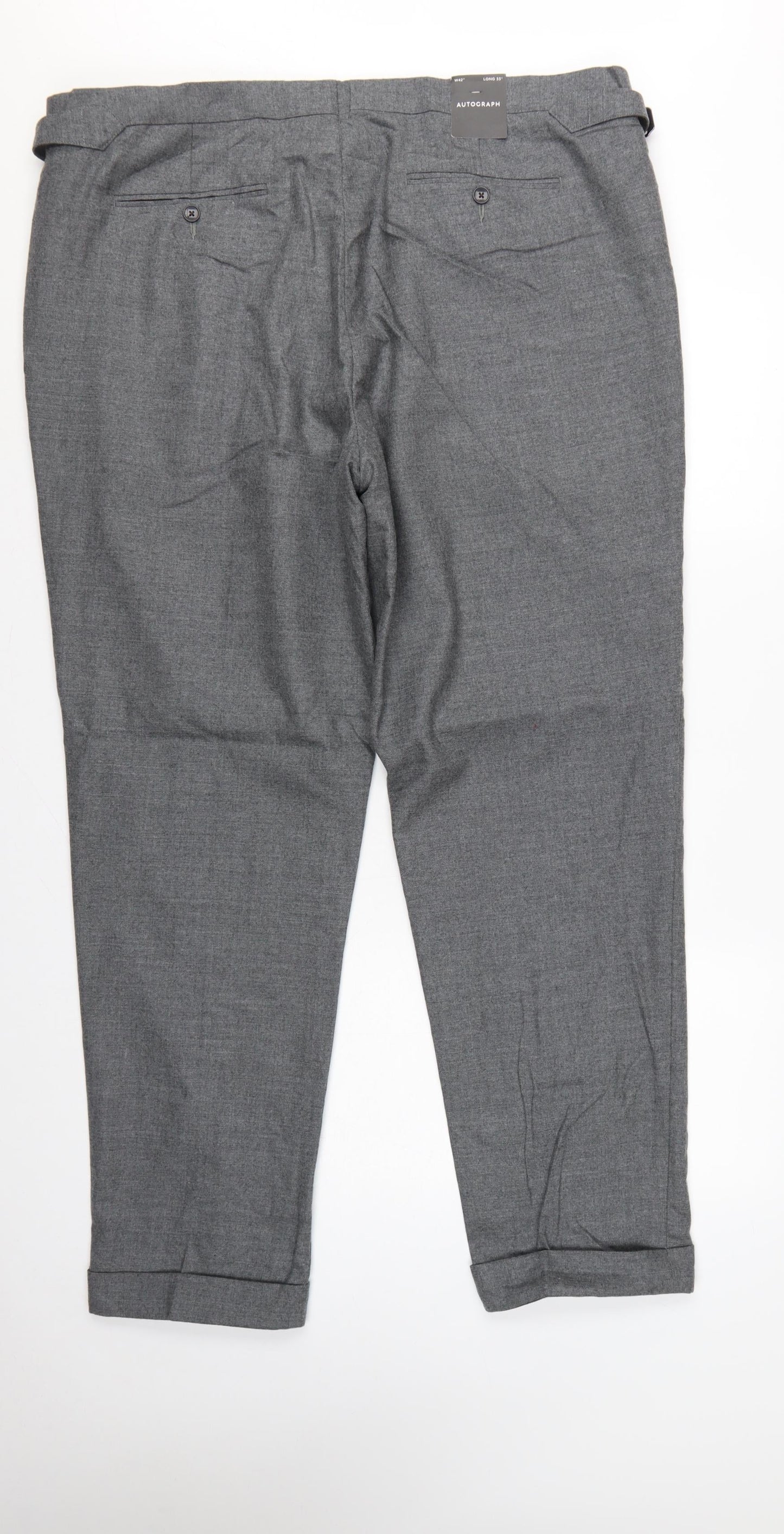 Marks & Spencer Men Grey 42 33L Pure Wool Pleated Dress Trousers