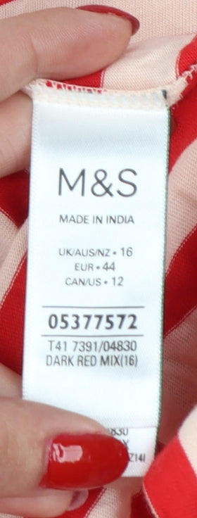 Marks & Spencer Women Red Stripe UK 16 Basic Jersey T-Shirt