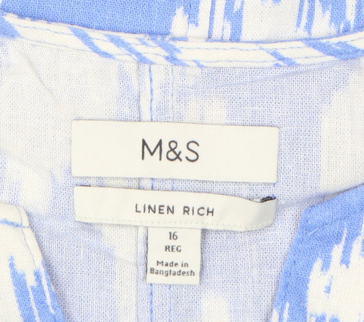Marks & Spencer Women Blue White Size 16 Linen Shift Mini Dress