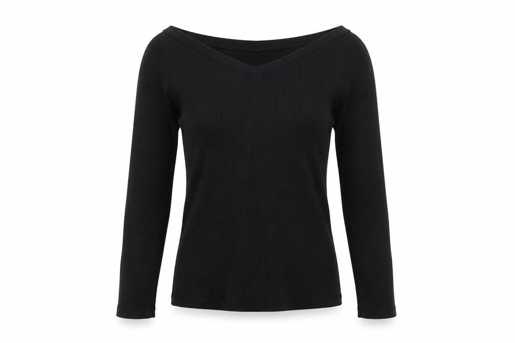 Uniqlo Women Black M Ribbed V-Neck Long Sleeve Slim Basic T-Shirt