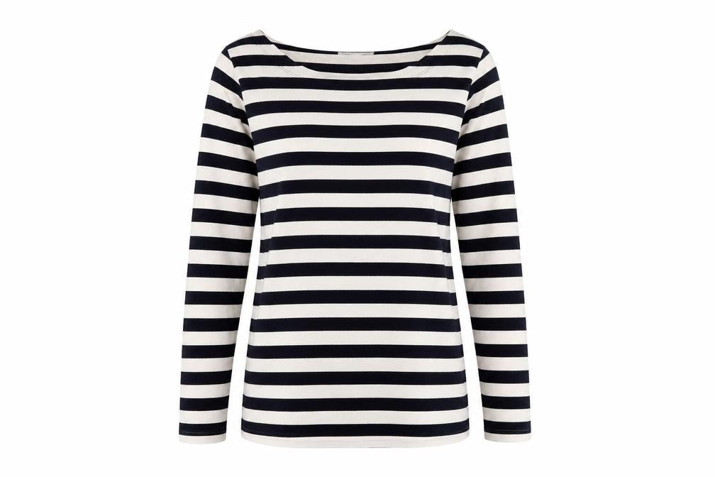 Banana Republic Women Blue Ivory L Striped Boat Neck Jersey T-Shirt