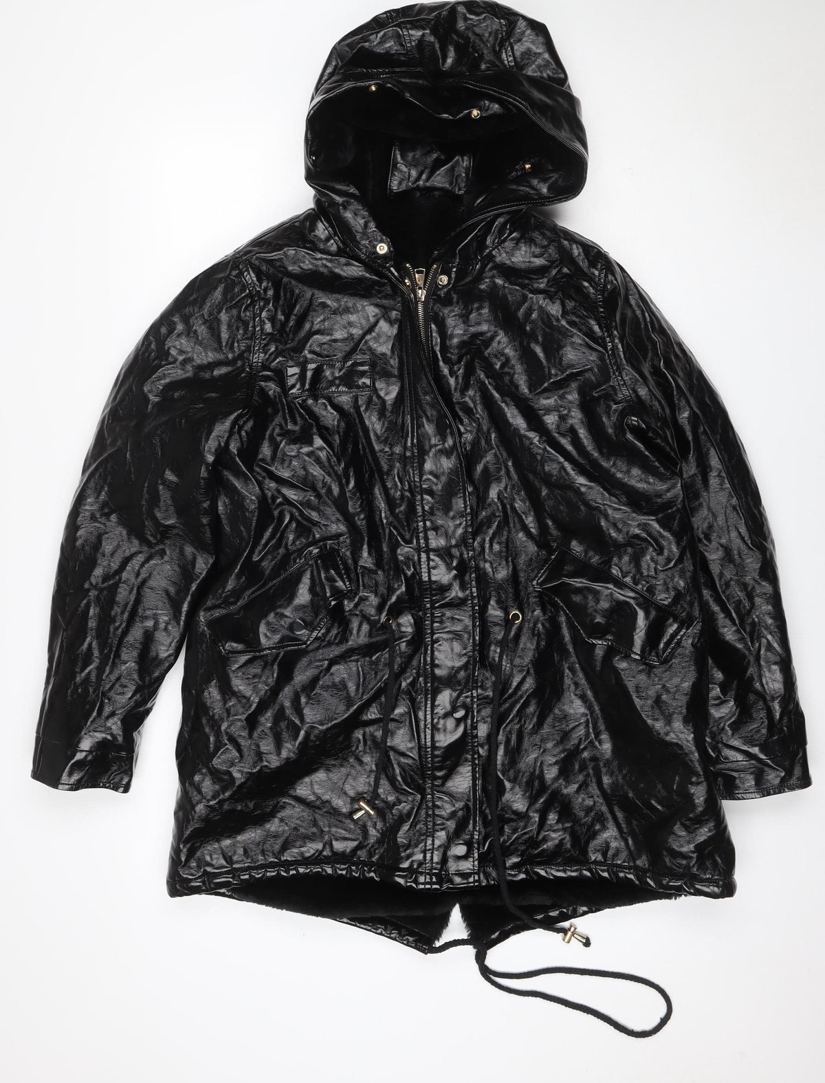Amylum Women Black Size 14 Hooded Faux Leather Parka Jacket