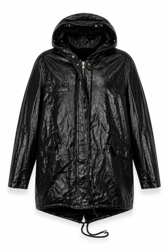 Amylum Women Black Size 14 Hooded Faux Leather Parka Jacket