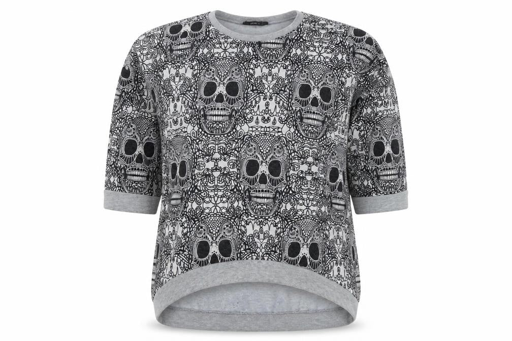 Topshop Women Grey Skull Print 3/4 Sleeve Pullover Sweatshirt UK 12