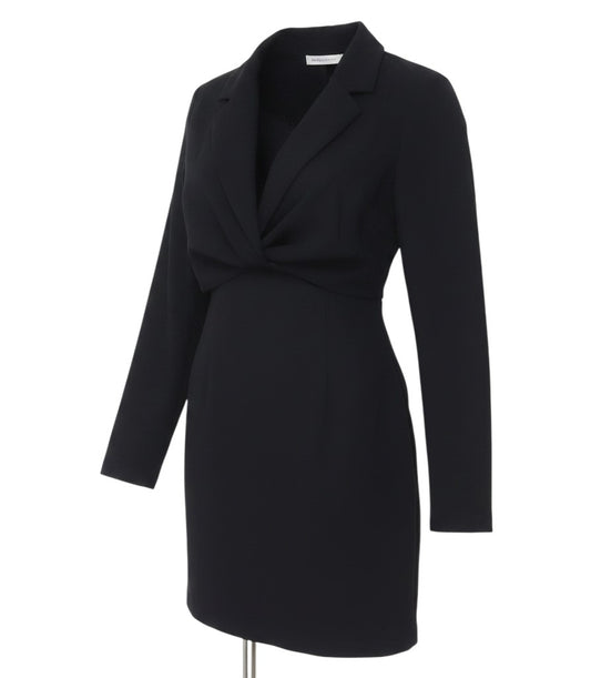 Prewornwholesale Abercrombie & Fitch black long sleeve jacket dress with a tailored collar and cinched waist detail.