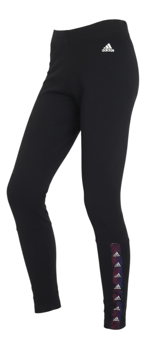 Prewornwholesale adidas women's black cotton leggings with a white logo and patterned side ankle detail