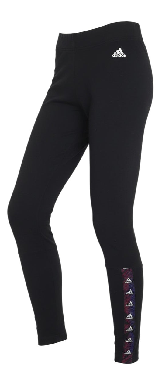 Prewornwholesale adidas women's black cotton leggings with a white logo and patterned side ankle detail