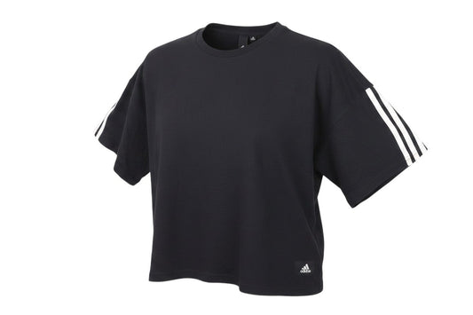 Prewornwholesale Adidas black cropped relaxed fit training t-shirt with signature three-stripe sleeves and logo badge.