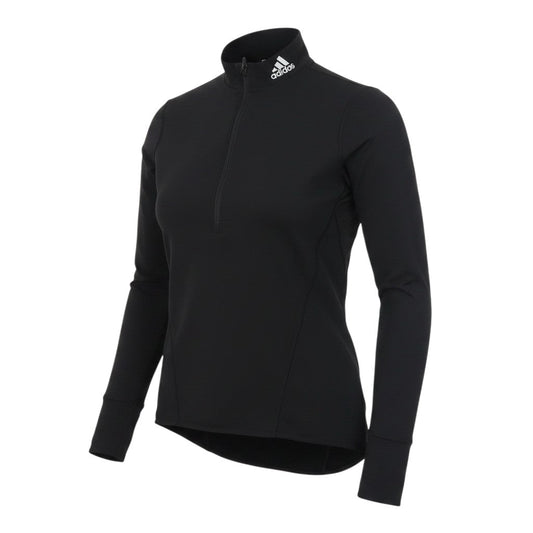 Prewornwholesale adidas women's black long sleeve cycling top with a 1/4 zip mock neck and athletic fit.