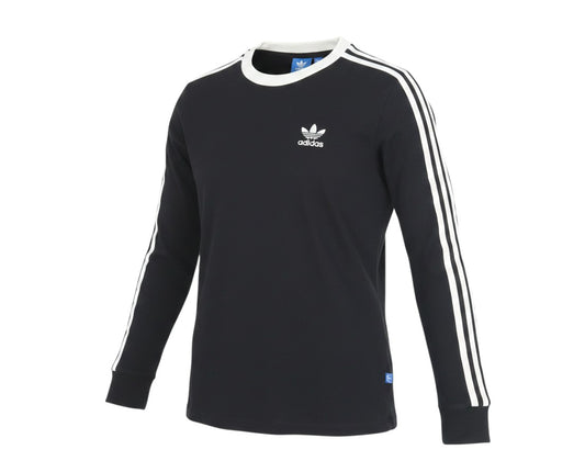 Prewornwholesale Adidas black long sleeve cotton pullover with white crew neck and iconic three-stripe arm detailing.