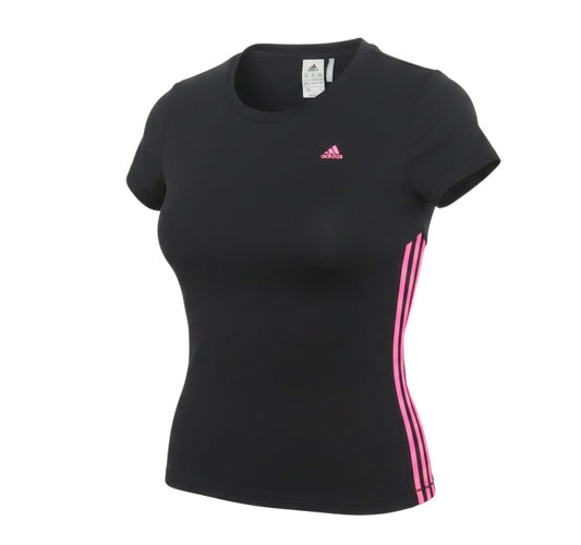 Prewornwholesale Adidas women's black slim fit activewear T-shirt with pink side stripes and chest logo