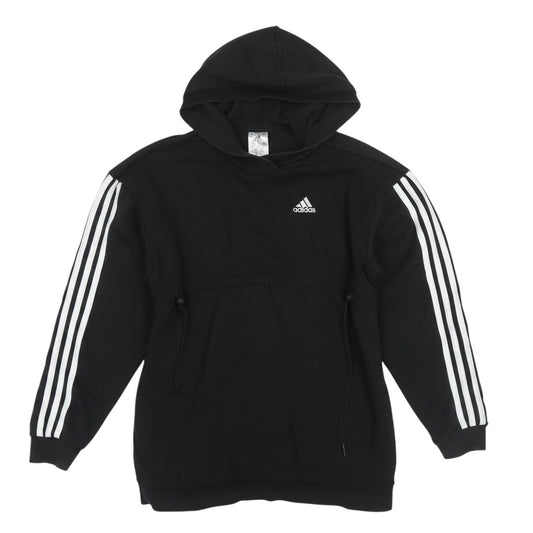 Prewornwholesale Adidas black pullover hoodie with white three-stripe sleeves, drawstring hood, and front pocket.