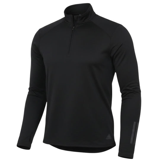 Prewornwholesale Adidas black Climawarm quarter-zip running sweatshirt with reflective cuff details and high neckline.