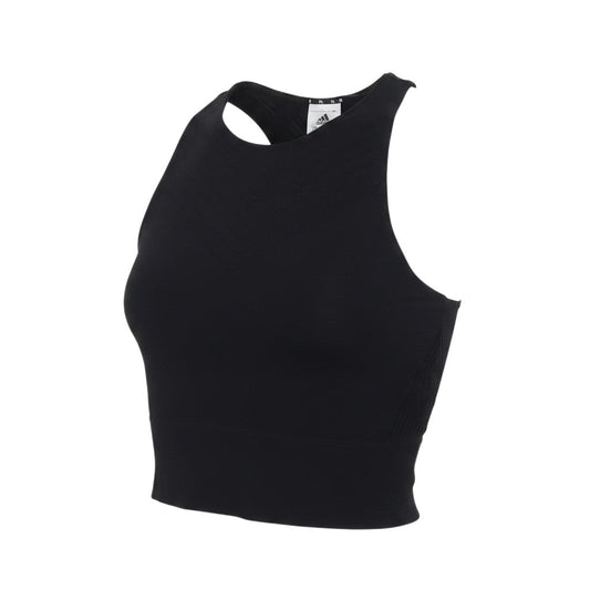 Prewornwholesale Adidas women's black high-neck racerback cropped tank top with moisture-wicking athletic fabric.