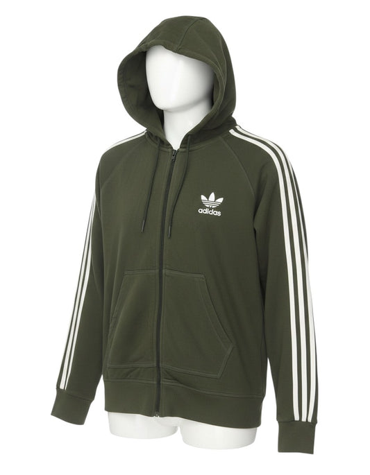 Prewornwholesale Adidas women's deep green full-zip hoodie with white three-stripe sleeves and Trefoil logo on chest.