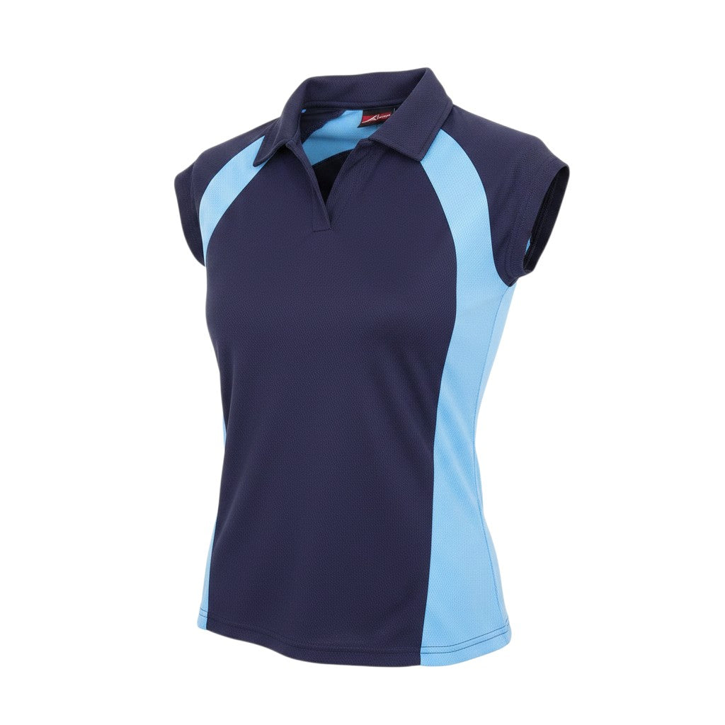 Prewornwholesale AKOA womens navy and light blue athletic polo shirt with cap sleeves and breathable mesh fabric