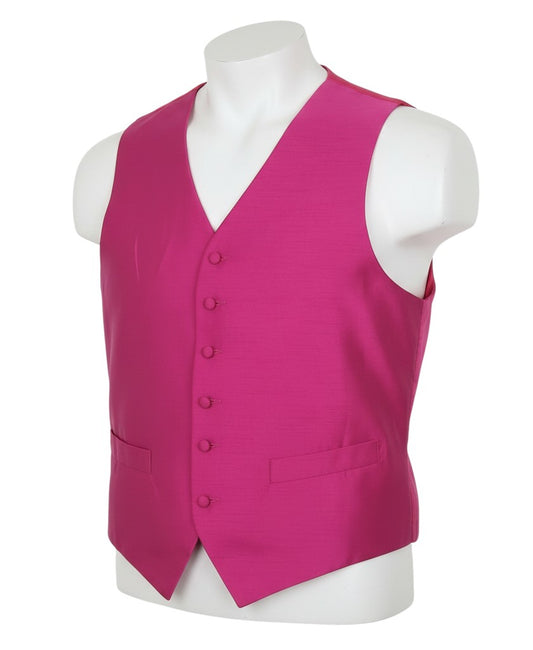 Prewornwholesale Alexander Dobell pink satin formal waistcoat with five buttons and welt pockets on a mannequin