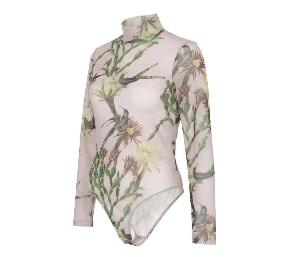 Prewornwholesale AllSaints dusky pink long-sleeve mesh bodysuit with floral and hummingbird botanical print