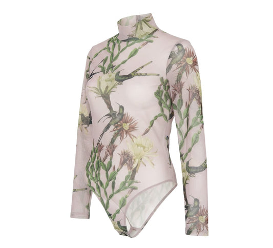 Prewornwholesale AllSaints dusky pink long-sleeve mesh bodysuit with floral and hummingbird botanical print