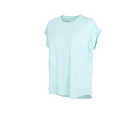 Prewornwholesale aqua blue short sleeve activewear T-shirt with a crew neck and breathable moisture-wicking fabric.