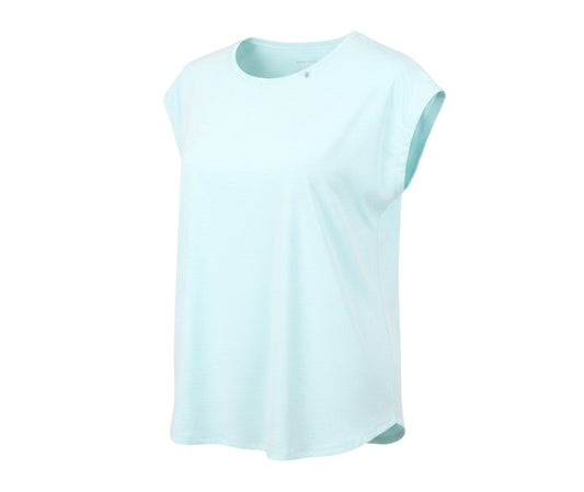 Prewornwholesale aqua blue sleeveless sports t-shirt with a crew neckline in breathable performance jersey fabric.