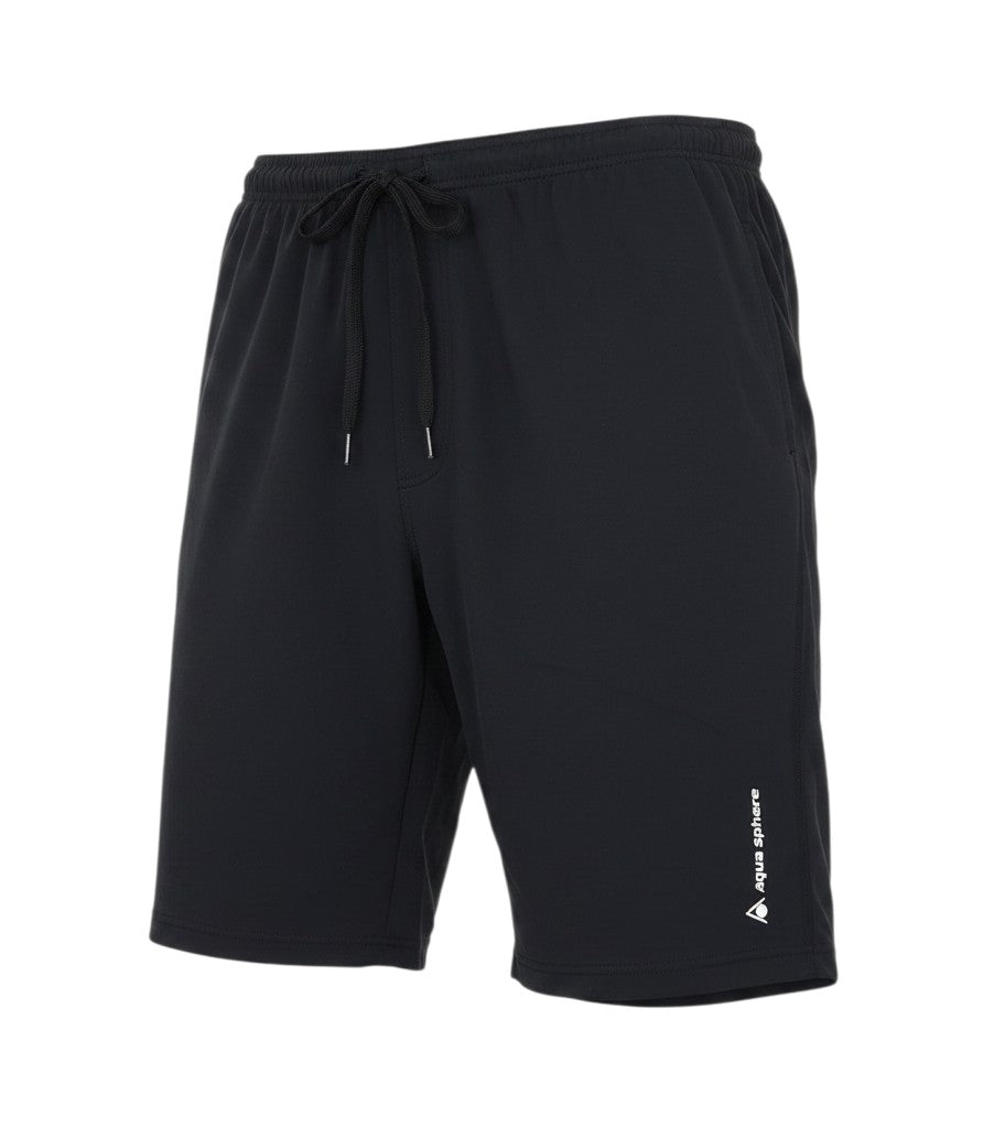 Prewornwholesale aquasphere women's black athletic shorts with an elastic drawstring waist and logo detail.