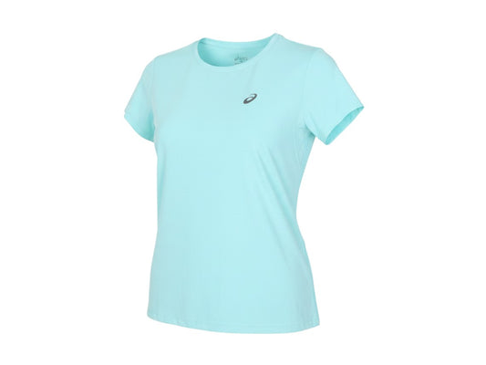 Prewornwholesale Asics women's pale blue short-sleeve athletic running T-shirt with moisture-wicking fabric.