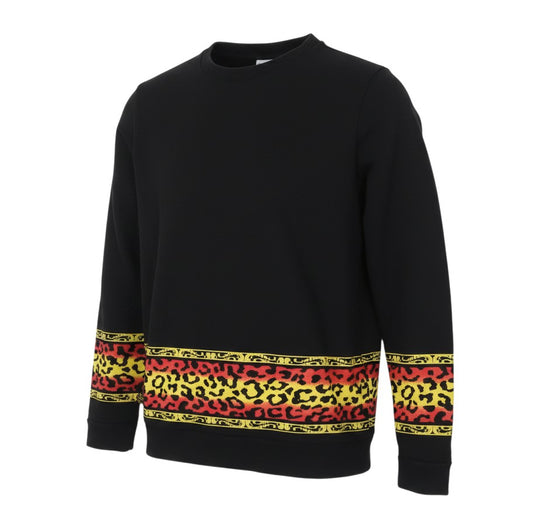 Prewornwholesale ASOS black crew neck sweatshirt featuring a red and yellow leopard print panel with gold borders.