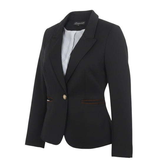 Prewornwholesale Attentif black slim fit blazer with notch lapel, single button closure, and brown pocket trim.