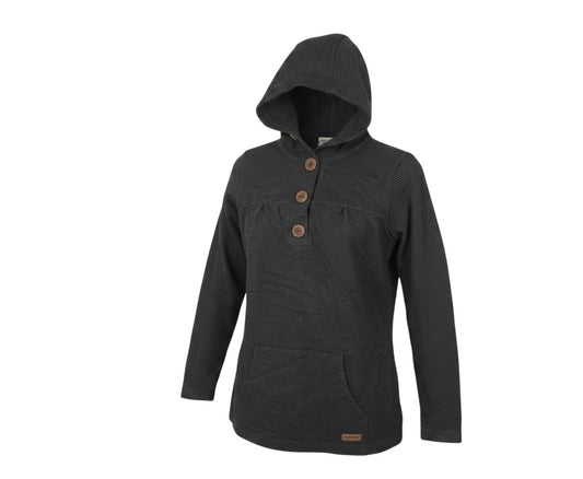 Prewornwholesale Avacucho dark grey hooded tunic with a four-button placket, textured fabric, and front kangaroo pocket.